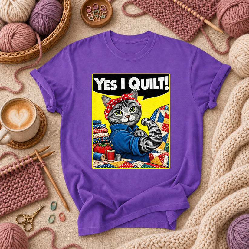 Yes I Quilt Riveter Cat T-Shirt - Purple