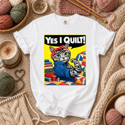 Yes I Quilt Riveter Cat T-Shirt - White
