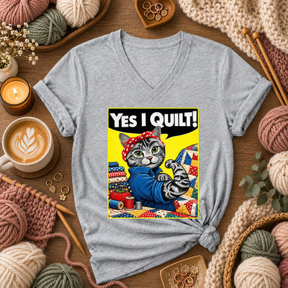 Yes I Quilt Riveter Cat Women's V-Neck - Athletic Heather