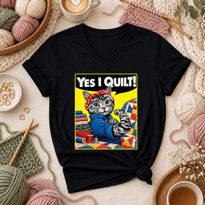 Yes I Quilt Riveter Cat Women's V-Neck - Black