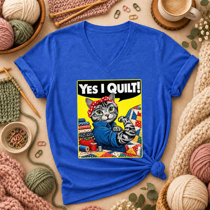 Yes I Quilt Riveter Cat Women's V-Neck - Heather True Royal
