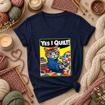 Yes I Quilt Riveter Cat Women's V-Neck - Navy