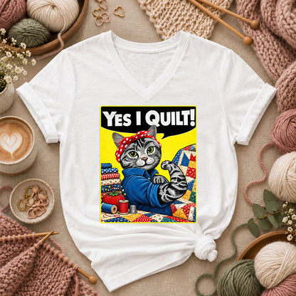 Yes I Quilt Riveter Cat Women's V-Neck - White