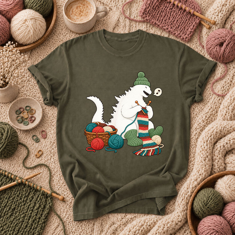 Yeti Knitting A Cozy Scarf T-Shirt - Military Green