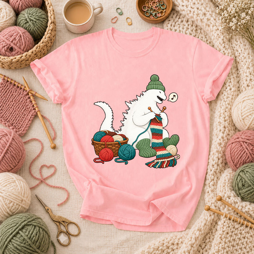 Yeti Knitting A Cozy Scarf T-Shirt - Pink