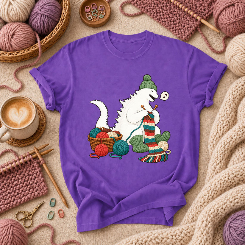 Yeti Knitting A Cozy Scarf T-Shirt - Purple