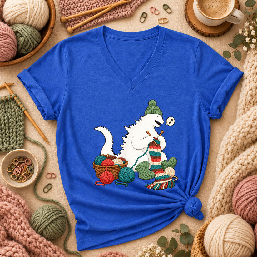 Yeti Knitting A Cozy Scarf Women's V-Neck - Heather True Royal