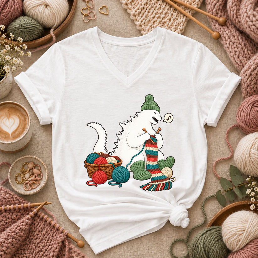Yeti Knitting A Cozy Scarf Women's V-Neck - White