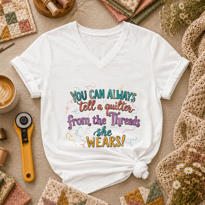 You Can Always Tell A Quilter From The Threads She Wears Women's V-Neck - White