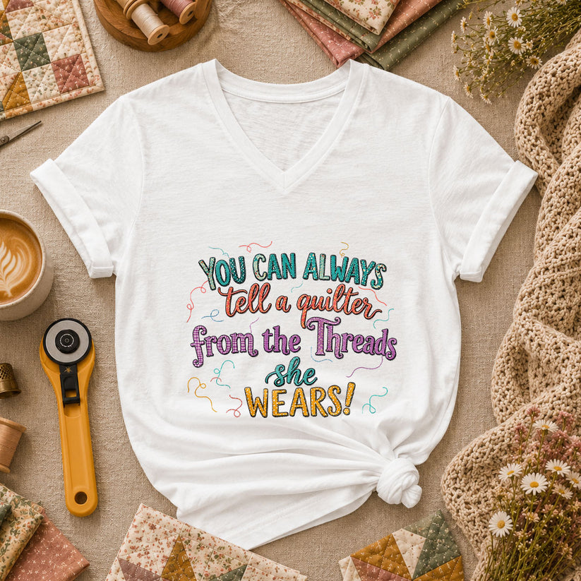 You Can Always Tell A Quilter From The Threads She Wears Women's V-Neck - White