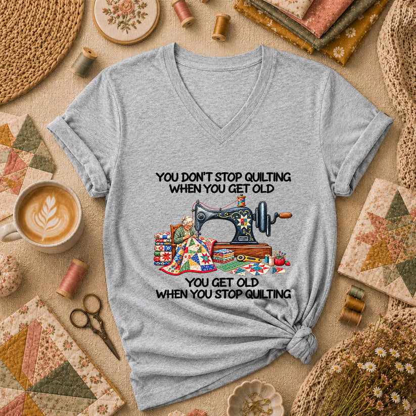 You Don't Stop Quilting When You Get Old Women's V-Neck - Athletic Heather
