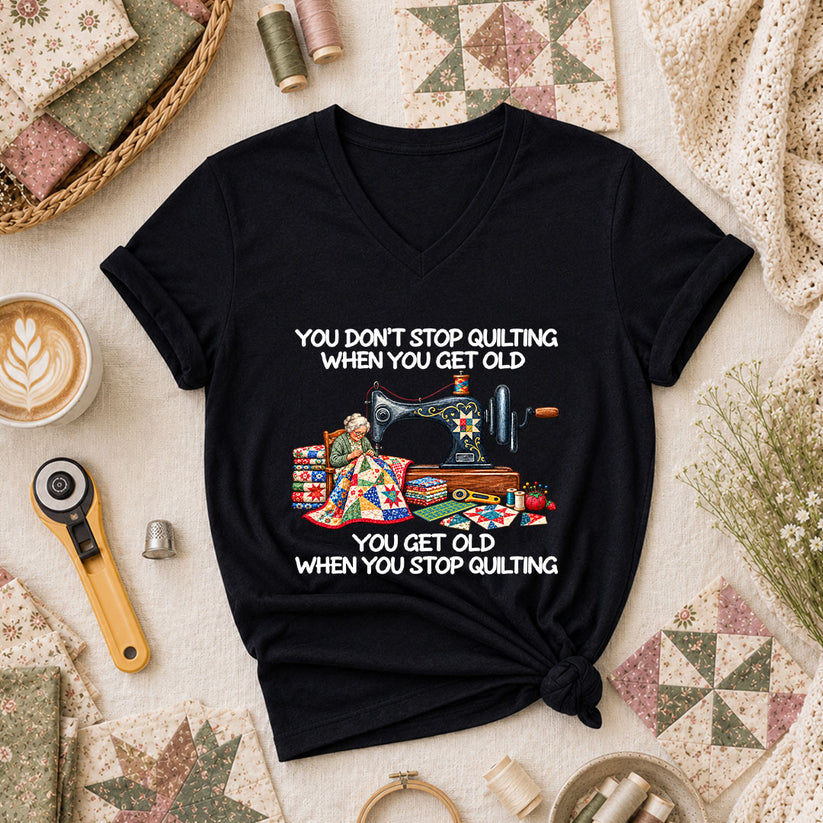 You Don't Stop Quilting When You Get Old Women's V-Neck - Black