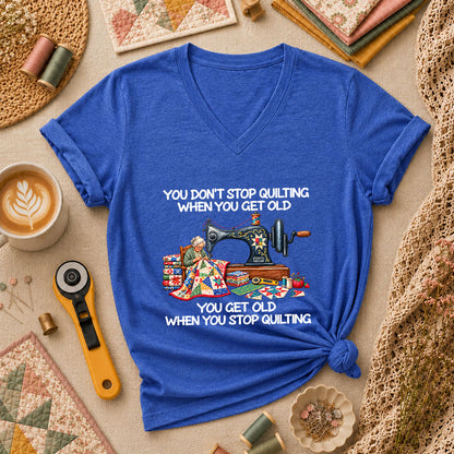 You Don't Stop Quilting When You Get Old Women's V-Neck - Heather True Royal