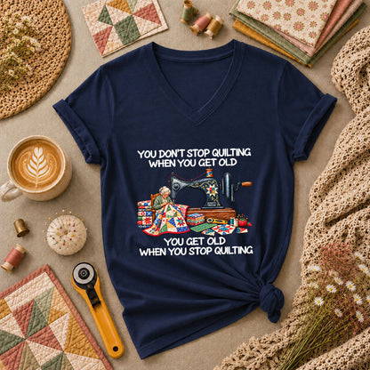 You Don't Stop Quilting When You Get Old Women's V-Neck - Navy