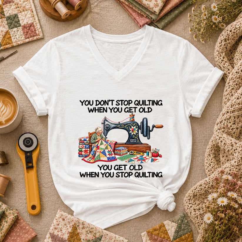 You Don't Stop Quilting When You Get Old Women's V-Neck - White