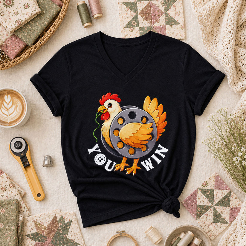 You Win Chicken Bobbin Funny Quilter Women's V-Neck - Black