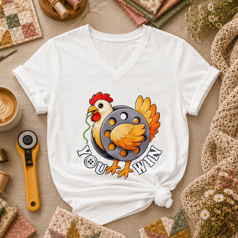 You Win Chicken Bobbin Funny Quilter Women's V-Neck - White