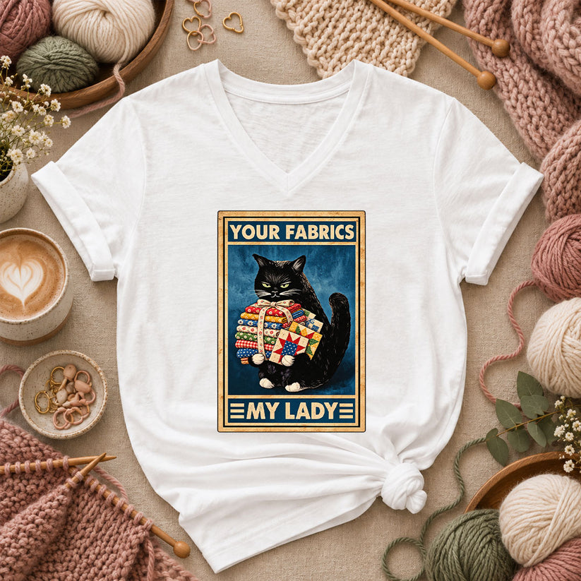 Your Fabrics My Lady Black Cat Women's V-Neck - White