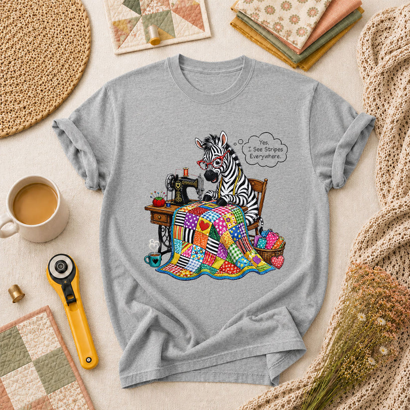 Zebra Quilter I See Stripes Everywhere Sewing Machine T-Shirt - Athletic Heather