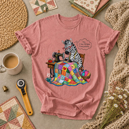 Zebra Quilter I See Stripes Everywhere Sewing Machine T-Shirt - Heather Mauve
