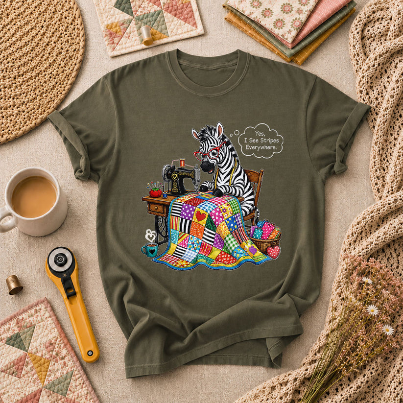 Zebra Quilter I See Stripes Everywhere Sewing Machine T-Shirt - Military Green