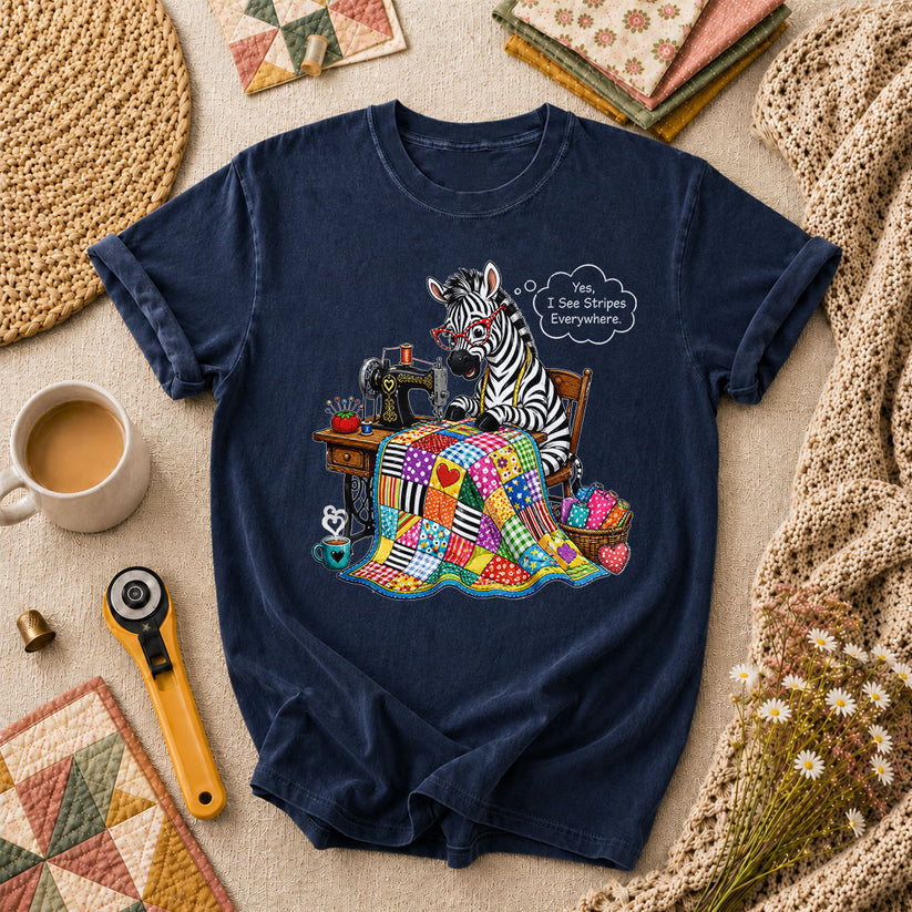 Zebra Quilter I See Stripes Everywhere Sewing Machine T-Shirt - Navy