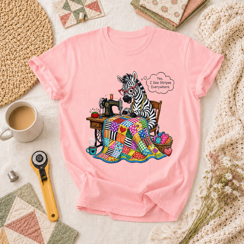 Zebra Quilter I See Stripes Everywhere Sewing Machine T-Shirt - Pink