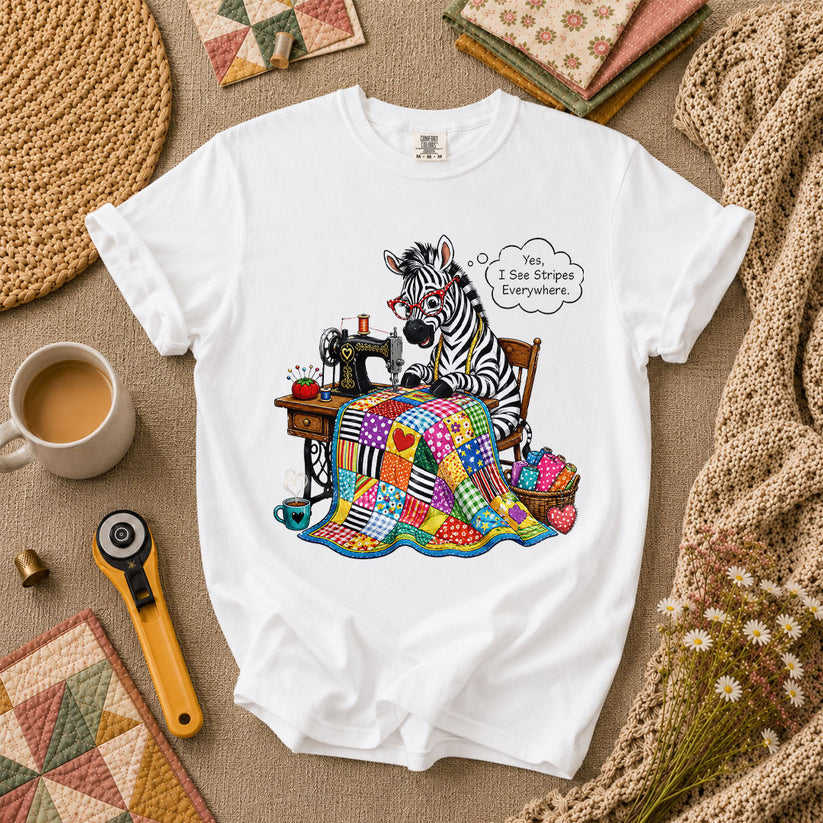 Zebra Quilter I See Stripes Everywhere Sewing Machine T-Shirt - White