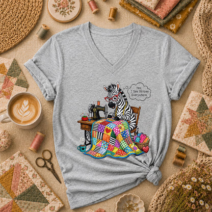 Zebra Quilter I See Stripes Everywhere Sewing Machine Women's V-Neck - Athletic Heather
