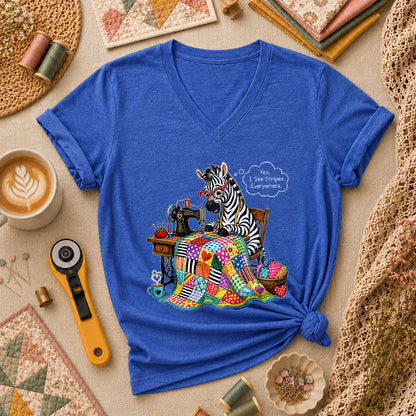 Zebra Quilter I See Stripes Everywhere Sewing Machine Women's V-Neck - Heather True Royal