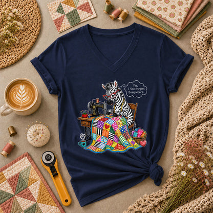 Zebra Quilter I See Stripes Everywhere Sewing Machine Women's V-Neck - Navy
