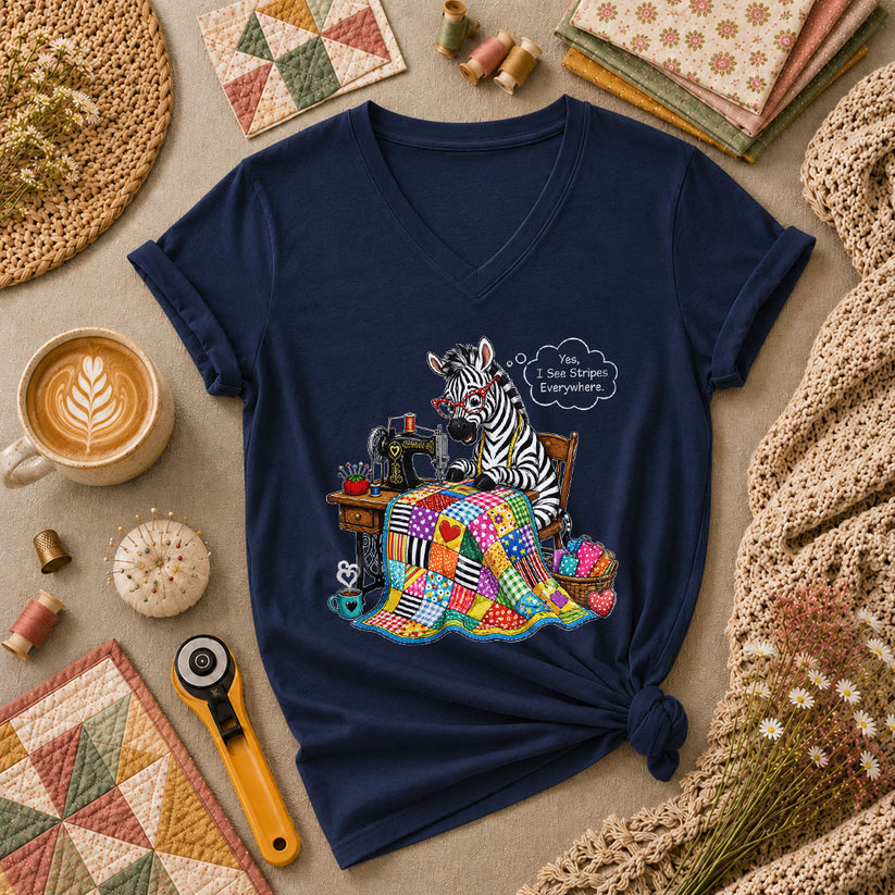 Zebra Quilter I See Stripes Everywhere Sewing Machine Women's V-Neck - Navy