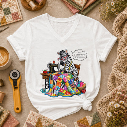Zebra Quilter I See Stripes Everywhere Sewing Machine Women's V-Neck - White