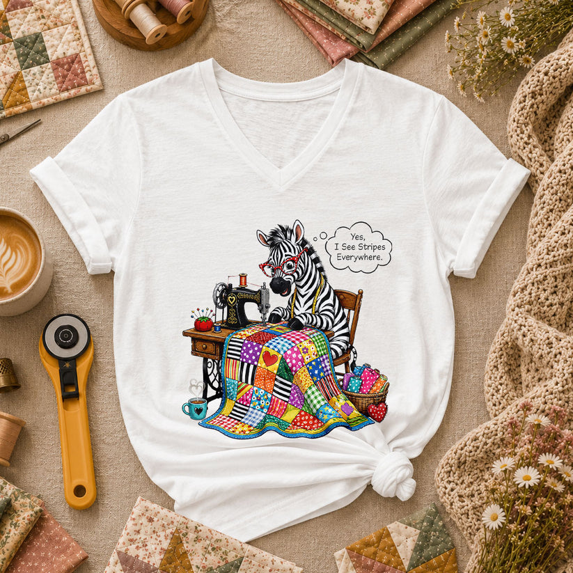 Zebra Quilter I See Stripes Everywhere Sewing Machine Women's V-Neck - White