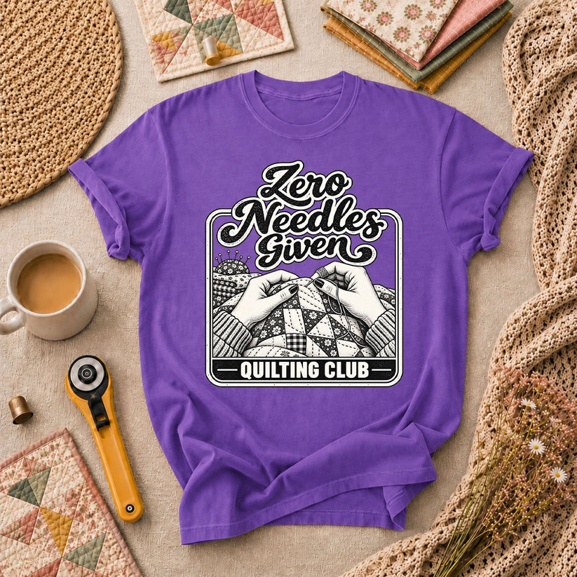 Zero Needles Given Quilting Club T-Shirt - Heather Team Purple