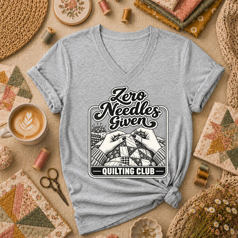 Zero Needles Given Quilting Club Women's V-Neck - Athletic Heather