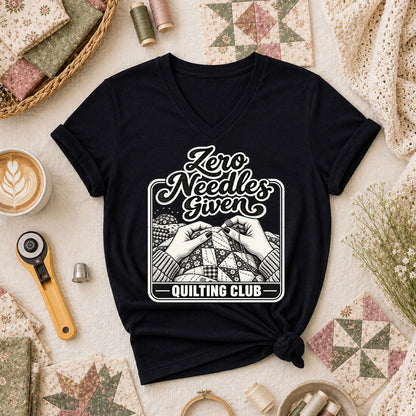 Zero Needles Given Quilting Club Women's V-Neck - Black