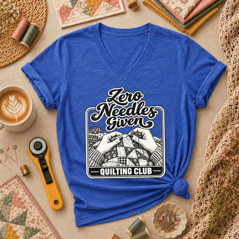 Zero Needles Given Quilting Club Women's V-Neck - Heather True Royal