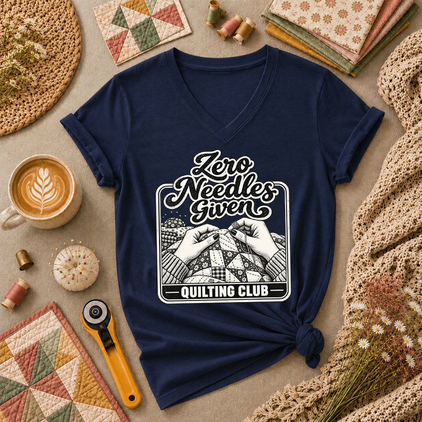 Zero Needles Given Quilting Club Women's V-Neck - Navy
